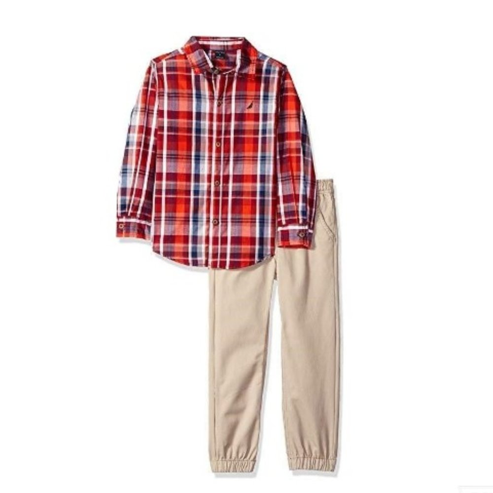 Nautica Toddler Boy's 2-Pieces Shirt Pants, Red/Orange/Tan, Size: 4